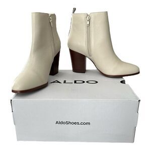 Aldo Cream Leather Ankle Booties with Stacked Heel